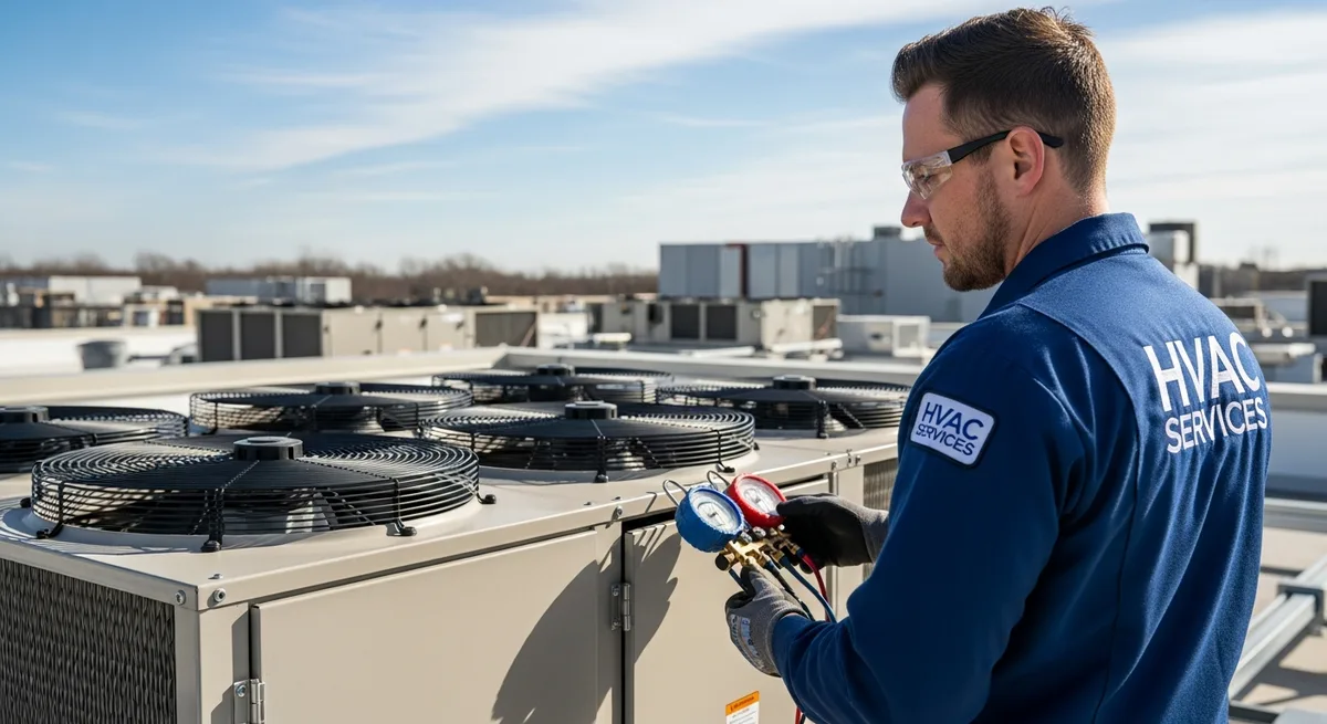 NJ Air Pros HVAC technician servicing rooftop equipment on a commercial office building